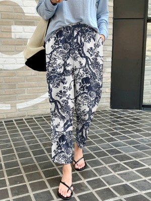 Women 100  Cotton Plants And Flowers Printing Maxi Length Pants