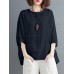 Solid Round Neck Bat Sleeve Casual Blouse