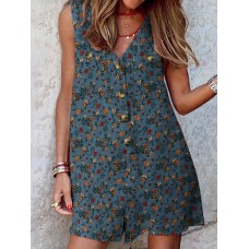 Leisure Calico Button Pocket Sleeveless V Neck Cotton Romper