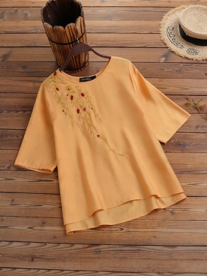 Plants Embroidered Round Neck Half Sleeve Casual Blouse