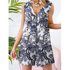 Plants Print Pocket Button Front Sleeveless V  neck Romper