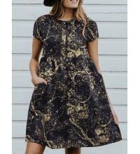 Cotton Plant Print Button Pocket Short Sleeve Midi Dress