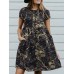 Cotton Plant Print Button Pocket Short Sleeve Midi Dress