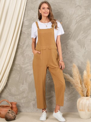 Solid Pocket Sleeveless Button Casual Jumpsuit For Women